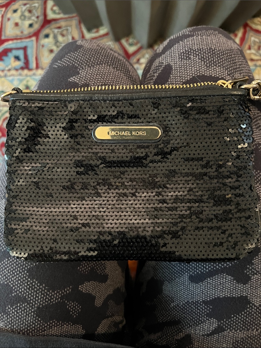 Michael Kors Black Sequin Wristlet with Gold Hardware